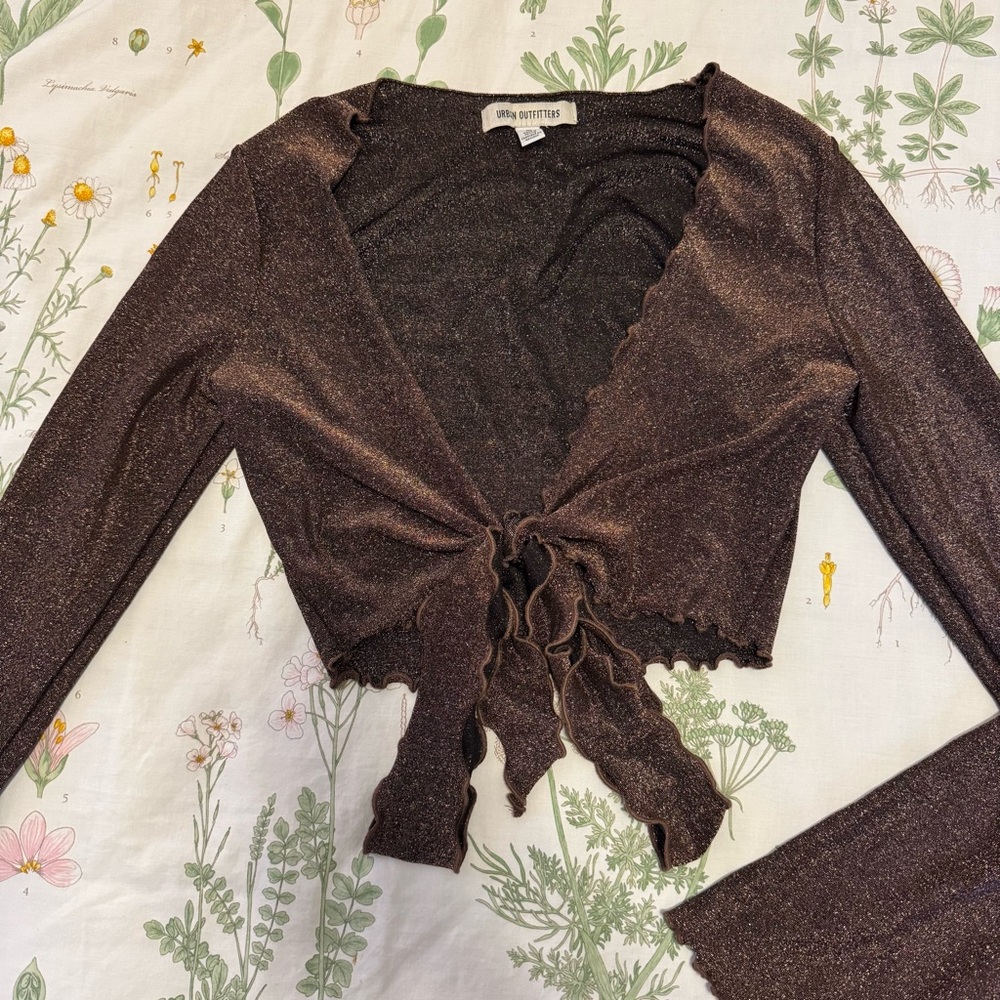 Shimmer Brown Tie-Front Top with Detailed Edge - Picture 3 of 5